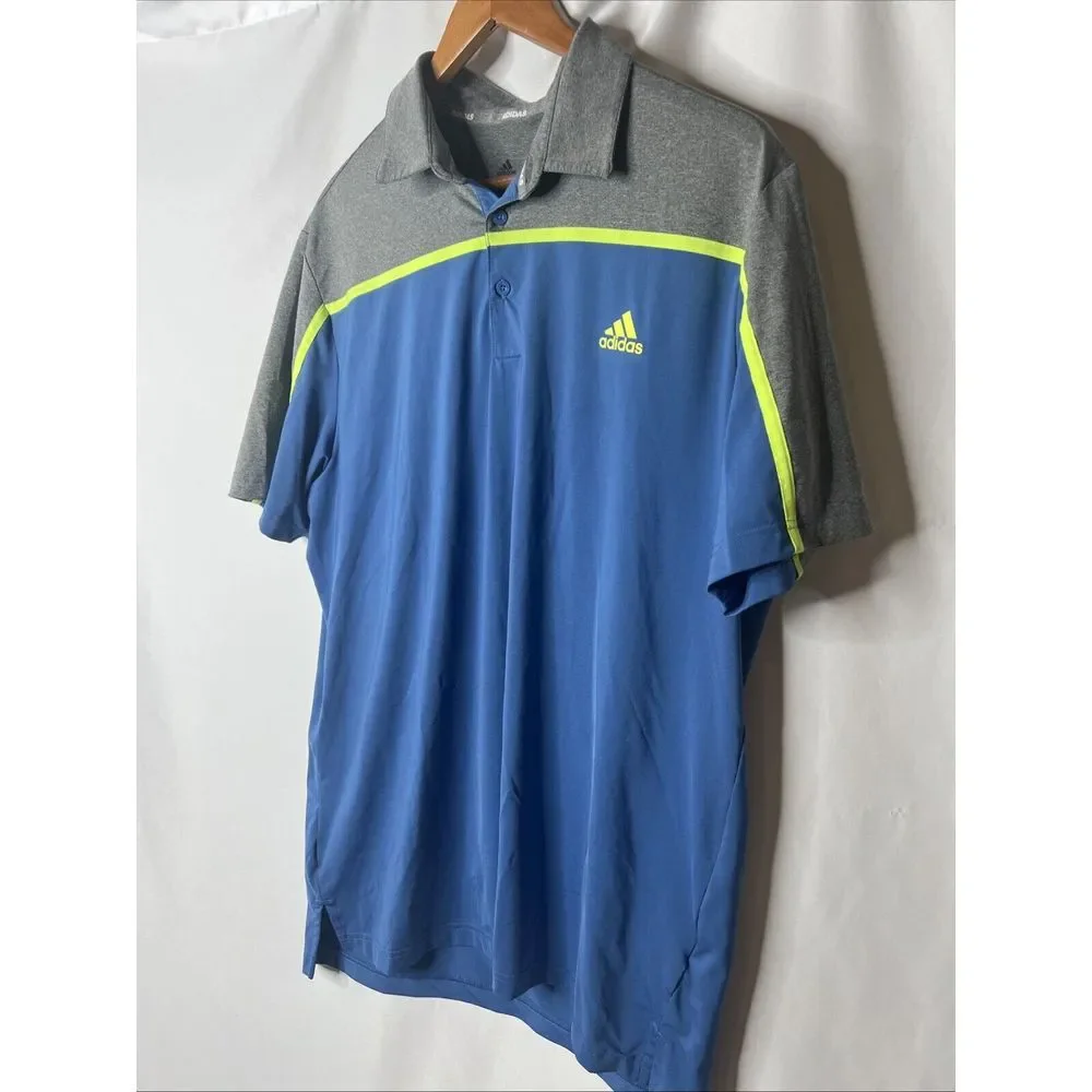 Adidas Golf Polo‎ Shirt Men's Casual Blue Gray Yellow Button Short Sleeve L
